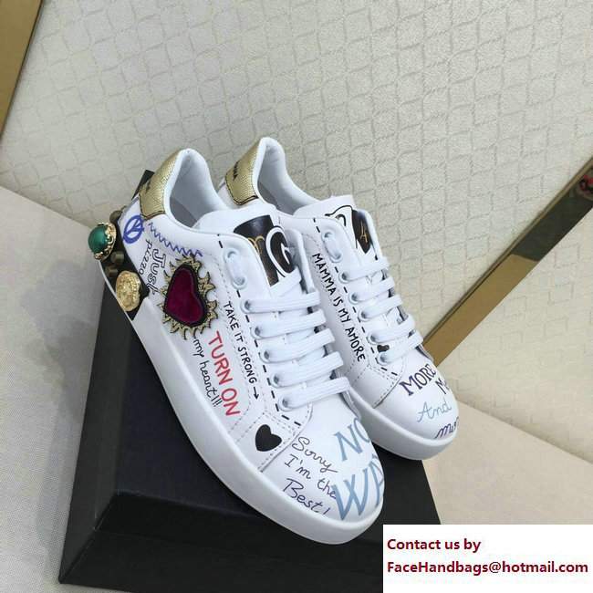 Dolce  &  Gabbana Leather Sneakers Heart Patch And Stud White 2017